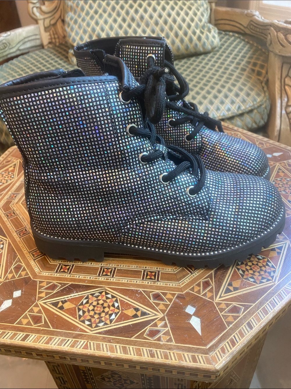 Cynthia Rowley Girls' Black Holographic Dot Lace-Up Boots